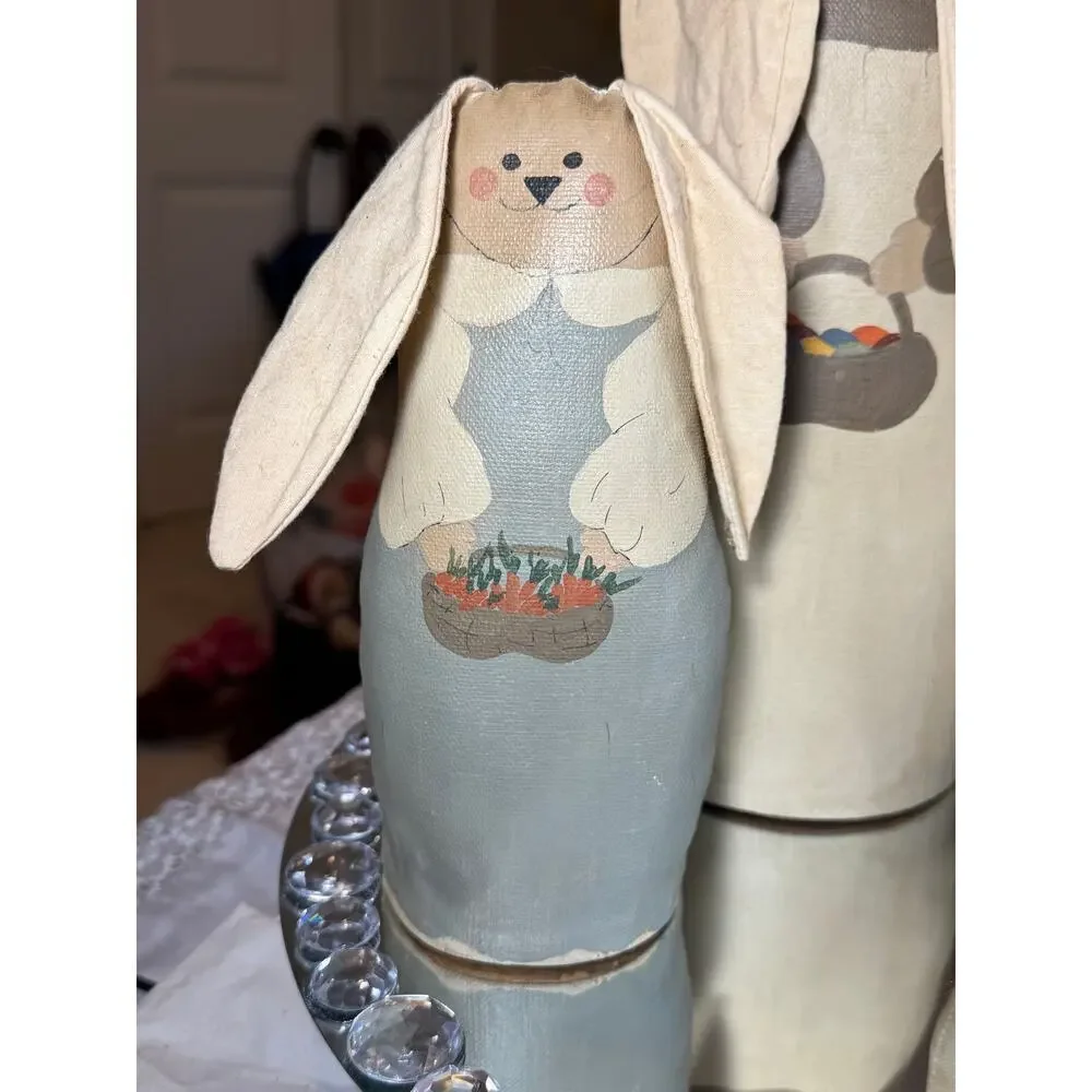 Handcrafted, Vintage Set of 3 Easter Bunnies. Handpainted fabric, wood bases'90